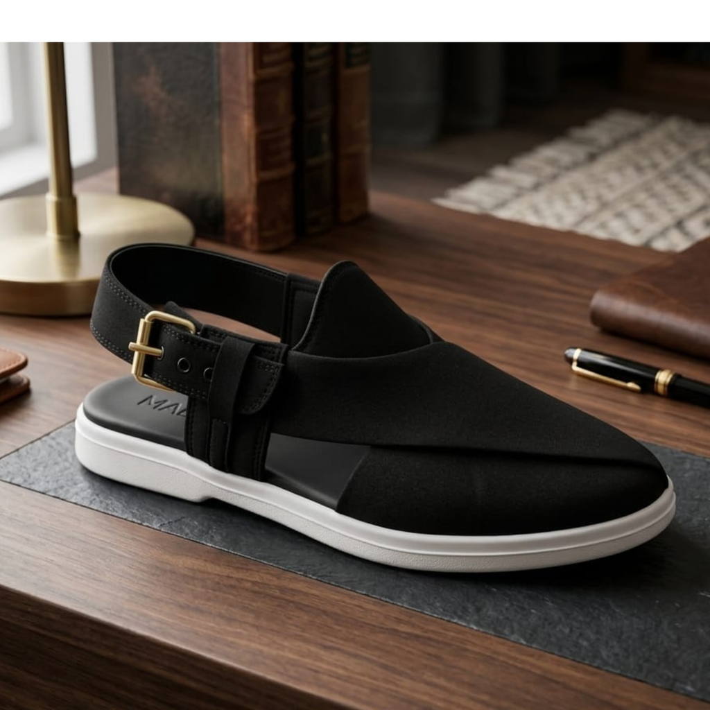 Modern Peshawari Chappal with Sneaker Sole — Black Suede