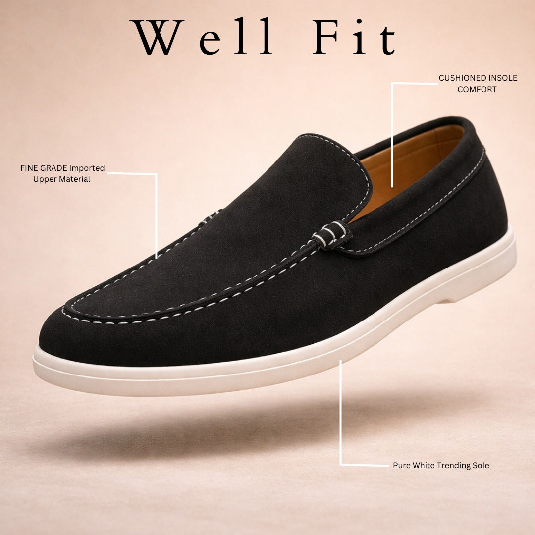 BLACK SUEDE WHITE SOLE MOCCASION