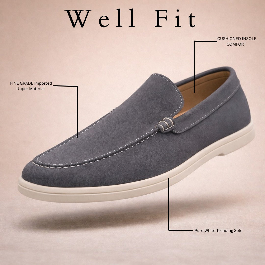 GREY SUEDE WHITE SOLE MOCCASION