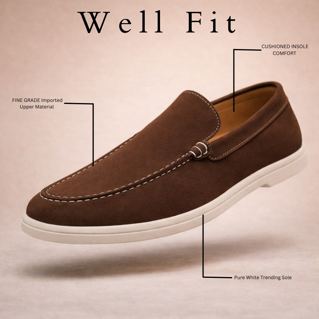 BROWN SUEDE WHITE SOLE MOCCASION